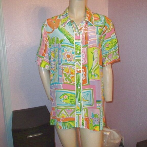 Bob Mackie Silk Top Size L Short Sleeves Button Up Tunic Cockatoo Bird Tropical - Picture 1 of 12